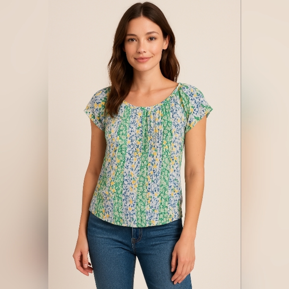 Faith & Zoe Boho Floral Crinkle Top S – Green Blue Yellow Ditsy Print Blouse